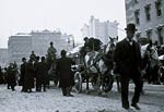 Horse and cart shifting loads of snow, New York 1908