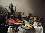Plate with lobster, silver jug, fruit bowl, violin and books Pie