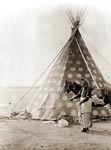 Blackfoot Indian with horse, tipi