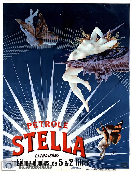 Petrole Stella Advertising poster showing a nude, nymph, and che - Click Image to Close