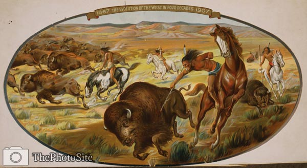 Indians spearing buffaloes. Evolution of the West - Amercian Pos - Click Image to Close