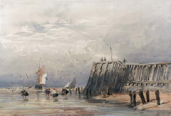 Sailing Barges and Shrimpers off a Pier - Click Image to Close