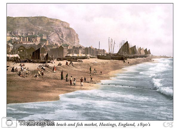 East Cliff, with beach and fish market, Hastings, England - Click Image to Close