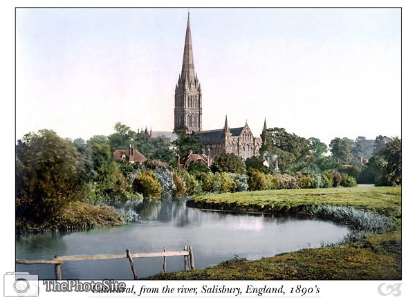 Salisbury Cathedral from the river, England - Click Image to Close