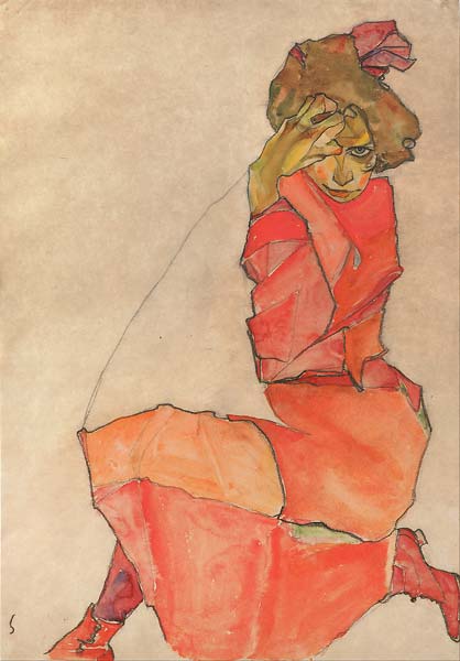 Kneeling Female in Orange Red Dress - Click Image to Close