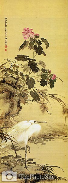 Egret and mallow plants by Yamamoto Baiitsu - Click Image to Close