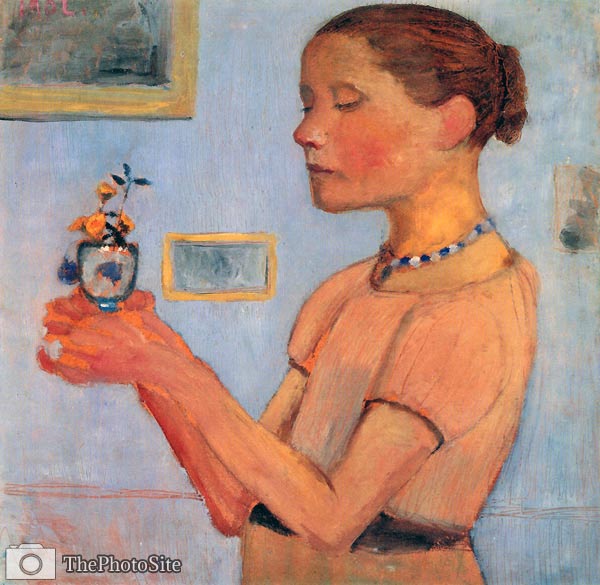 Young girl with yellow flowers in the glass Paula Becker Moderso - Click Image to Close