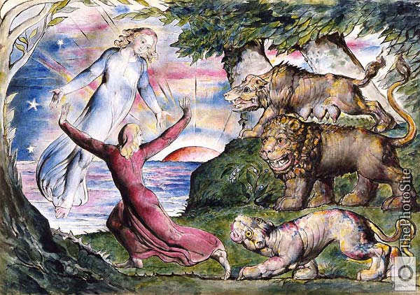 Dante running from the Three Beasts by William Blake - Click Image to Close