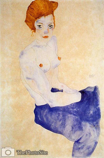 Seated Girl with Bare Torso and Light Blue Skirt Egon Schiele - Click Image to Close