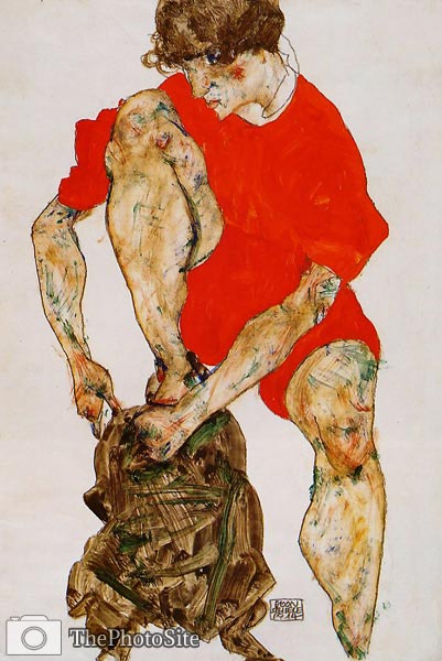 Female Model in Bright Red Jacket and Pants Egon Schiele - Click Image to Close