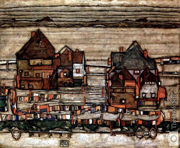 Houses with clothesline Egon Schiele - Click Image to Close