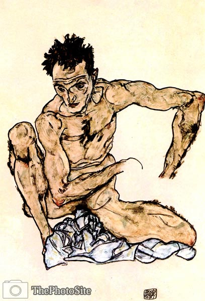 Squatting, nude male selfportrait Egon Schiele - Click Image to Close