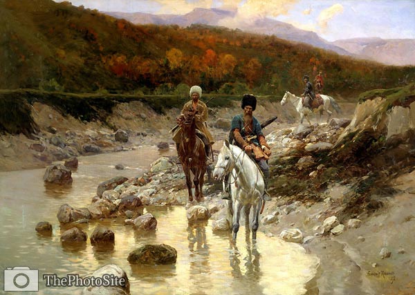 Cossacks in the mountain river Franz Roubaud - Click Image to Close