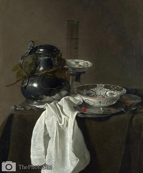 Still Life with a Pewter Flagon and Two Ming Bowls Jan Jansz. Tr - Click Image to Close