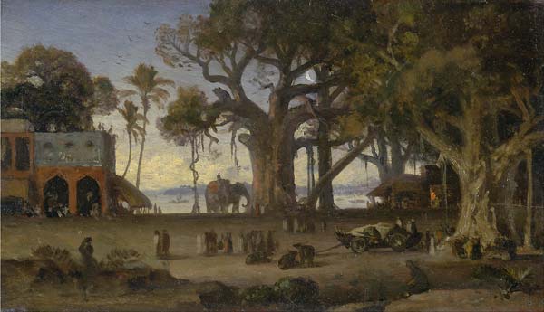Moonlit Scene of Indian Figures and Elephants among Banyan Trees - Click Image to Close