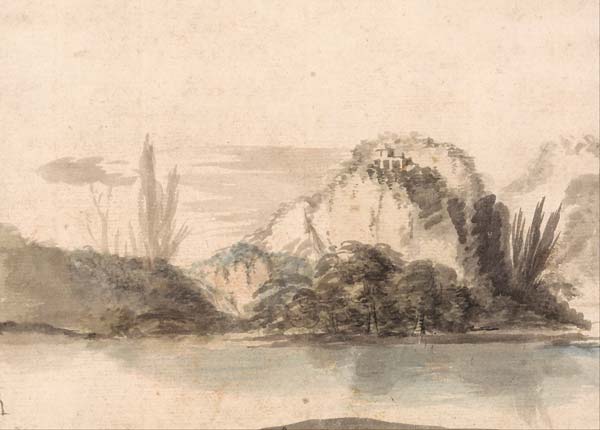 A Temple Perched on a Rocky Outcrop Seen Across a Lake - Click Image to Close