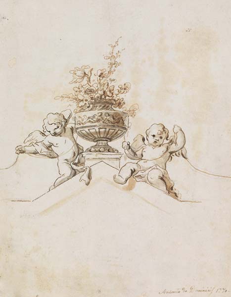 Study for a Painted Wall Decoration Two Putti beside a Vase wit - Click Image to Close