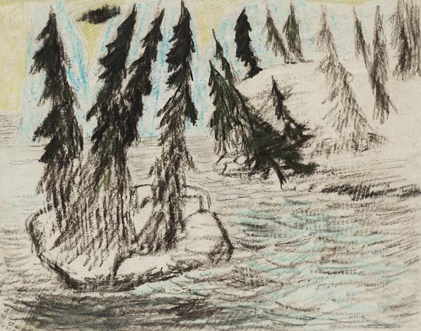 Spruces on a cliff surrounded by water - Click Image to Close