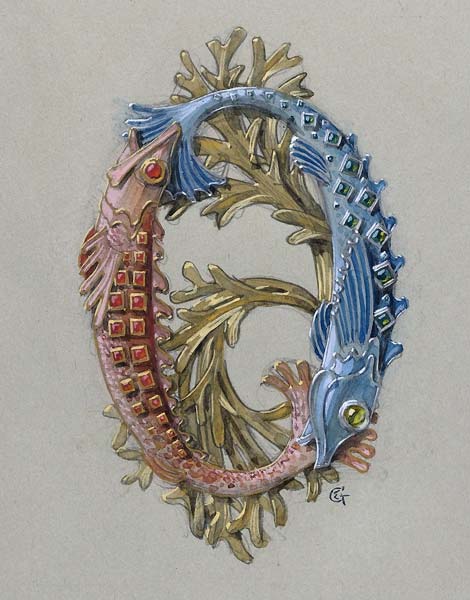 Design for a Belt Buckle with Two Fish and Seaweed - Click Image to Close