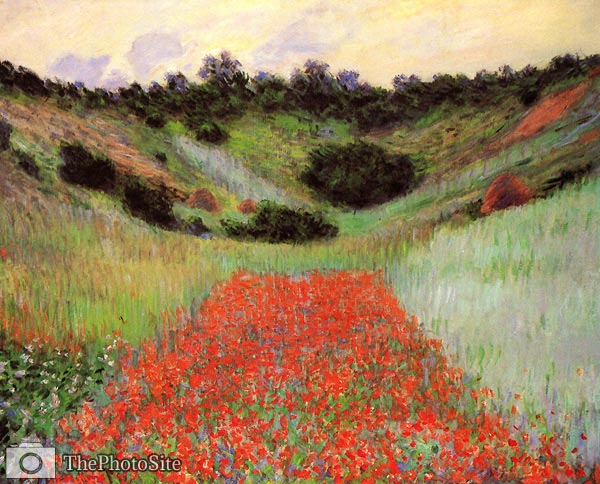 Poppy field of flowers in a valley at Giverny Monet - Click Image to Close