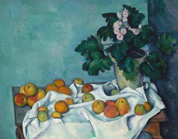Still life with apples and a pot of primroses - Click Image to Close