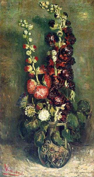 Vase with hollyhocks - Click Image to Close
