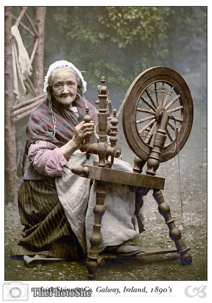Irish Spinner and Spinning Wheel. Co. Galway, Ireland - Click Image to Close