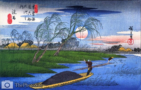 Boats, Bank of Willow Trees Ando Hiroshige - Click Image to Close