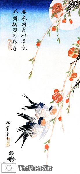Swallow and peach flowers with a full moon Ando Hiroshige - Click Image to Close