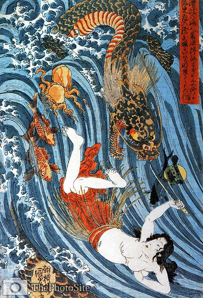 Tamatori being pursued by a dragon Utagawa Kuniyoshi - Click Image to Close