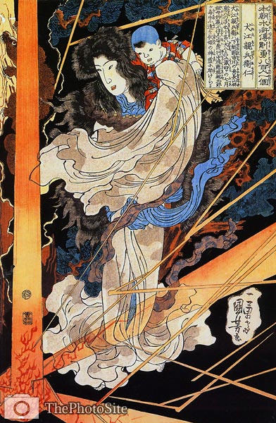 Fusehime saving Inue Shimbyoe Masahi from a thunderbolt Utagawa - Click Image to Close
