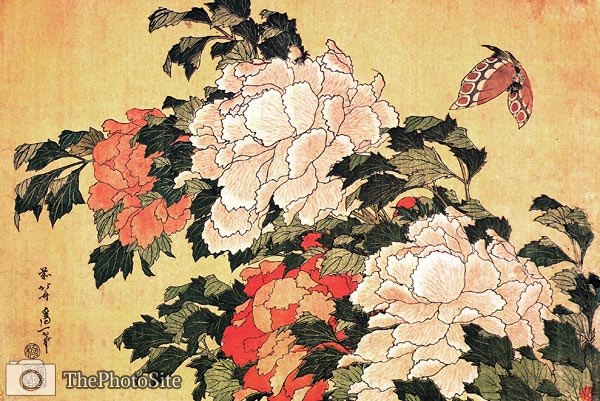 Peonies and Butterfly Katsushika Hokusai - Click Image to Close