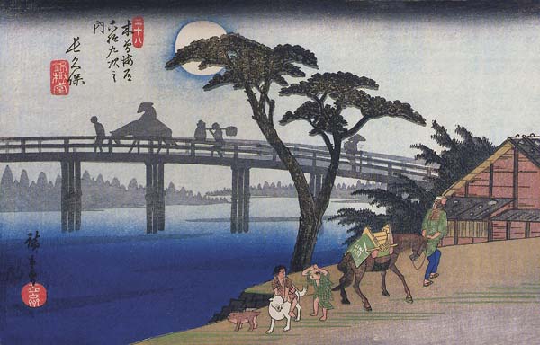 Man on horseback crossing a bridge - Click Image to Close