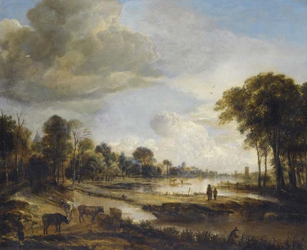 A River Landscape with Figures and Cattle - Click Image to Close