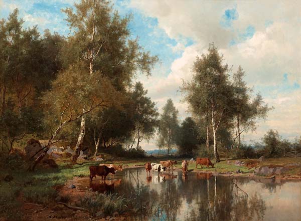 Forest landscape with birch trees and cows by water - Click Image to Close