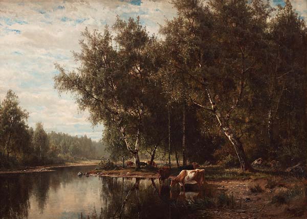 Landscape with birch trees and cows by water - Click Image to Close