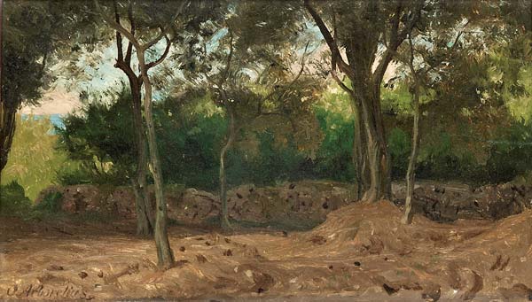 Forest glade with wall, scene from the italian coast - Click Image to Close