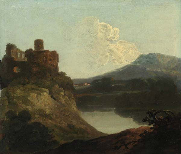 Welsh landscape with a ruined castle by a lake - Click Image to Close