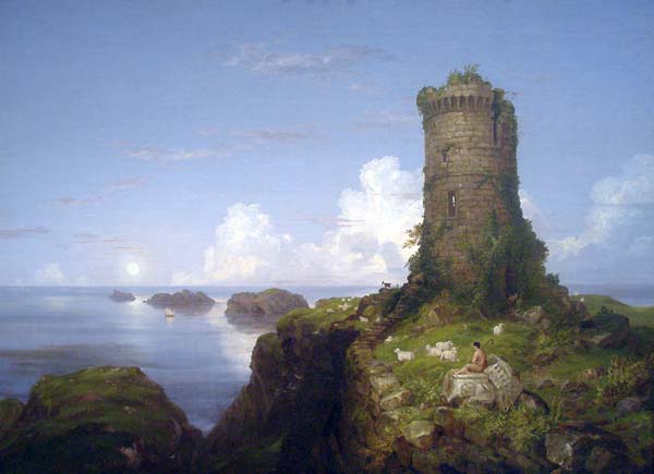 Italian coast scene with ruined tower - Click Image to Close