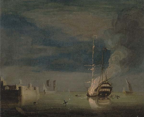 Charles Brooking A Two Decker on Fire at Night off a Fort - Click Image to Close