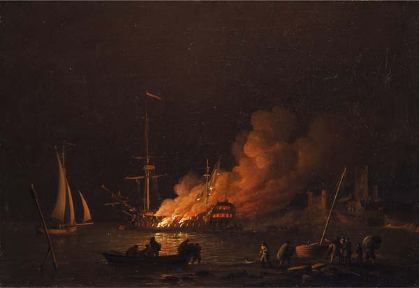 Charles Brooking Ship on fire at night - Click Image to Close