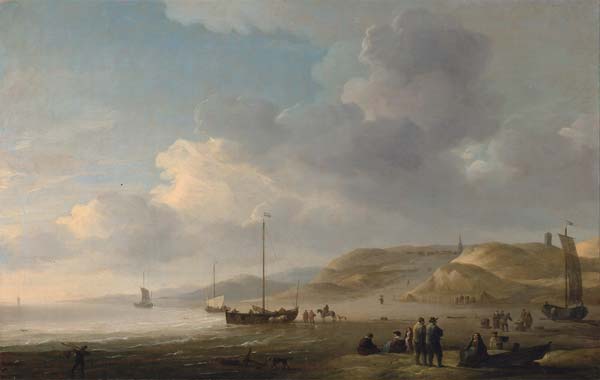 Charles Brooking The Coast near Scheveningen with Fishing Pink - Click Image to Close