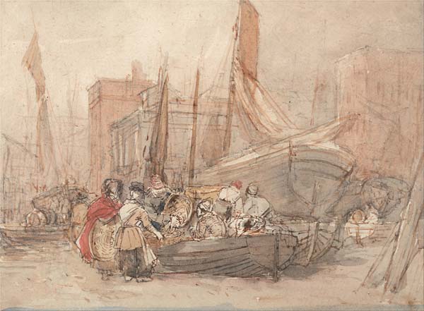 Harbor Scene, With Fishing Boats Being Unloaded - Click Image to Close