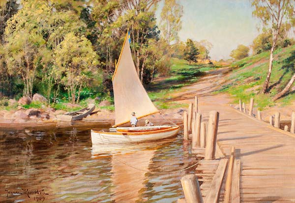 Landscape with boys in sailing boat - Click Image to Close