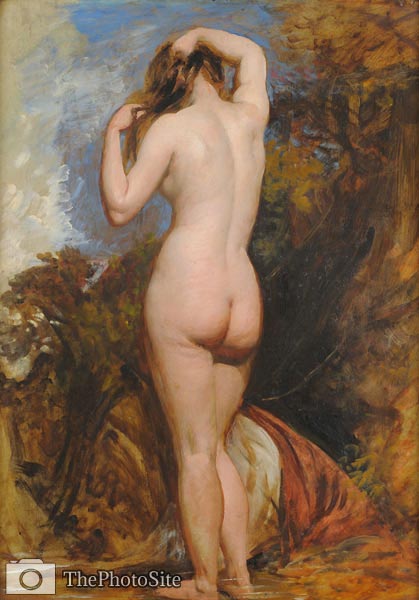Study of a female nude, from behind, standing in a pool by trees - Click Image to Close