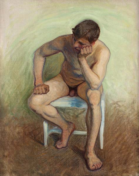 Seated nude on white chair - Click Image to Close