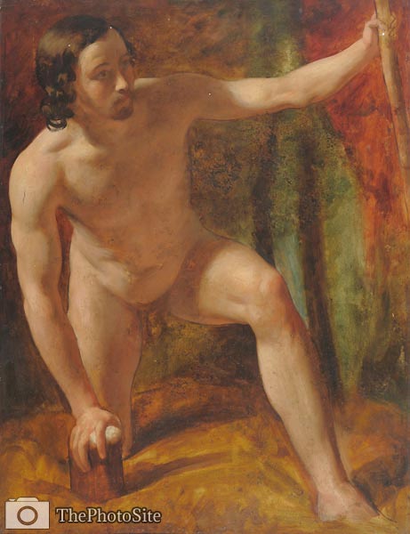 Study of a male nude, crouching, his left hand holding a wooden - Click Image to Close