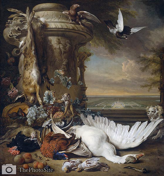 A monkey and a dog beside dead game and fruit, with the estate o - Click Image to Close