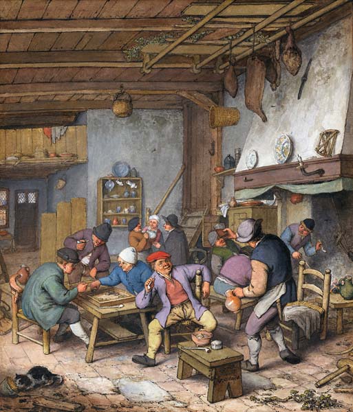 Room in an Inn with Peasants Drinking, Smoking and Playing Backg - Click Image to Close