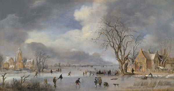 A winter landscape with skaters and kolf players on a frozen riv - Click Image to Close